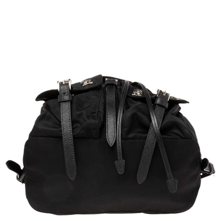 Pre Owned Prada Black Nylon Lightening Bolt Crystals Embellished Backpack