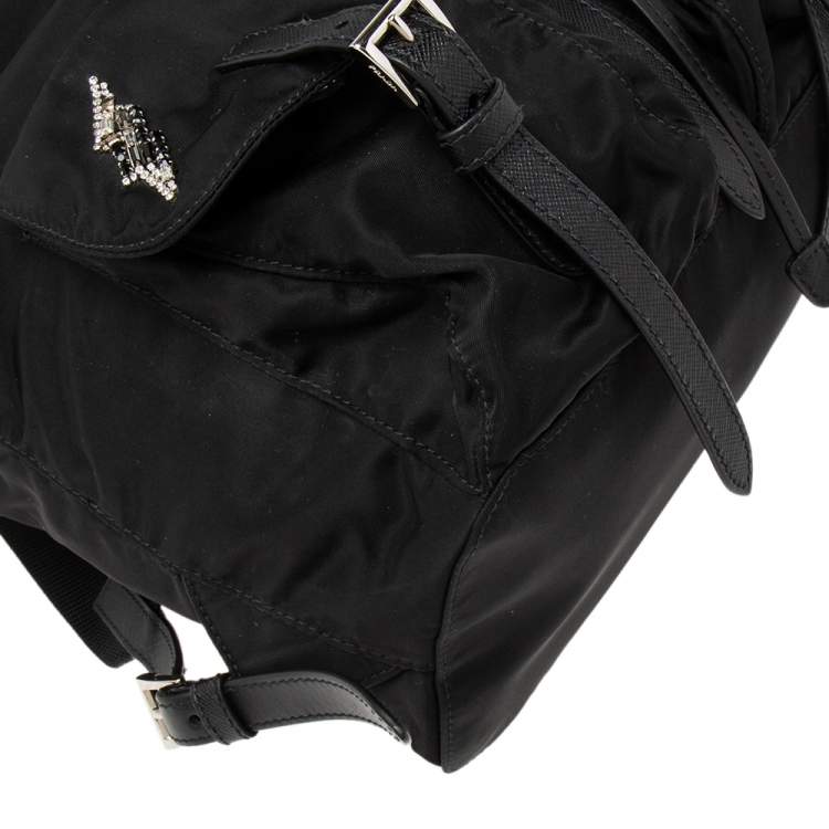 Pre Owned Prada Black Nylon Lightening Bolt Crystals Embellished Backpack