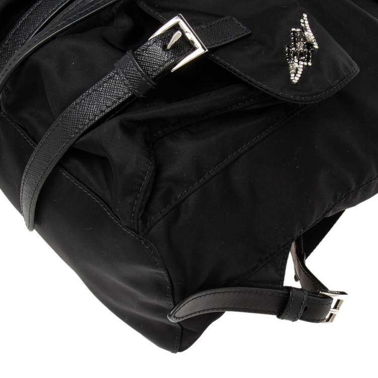 Pre Owned Prada Black Nylon Lightening Bolt Crystals Embellished Backpack