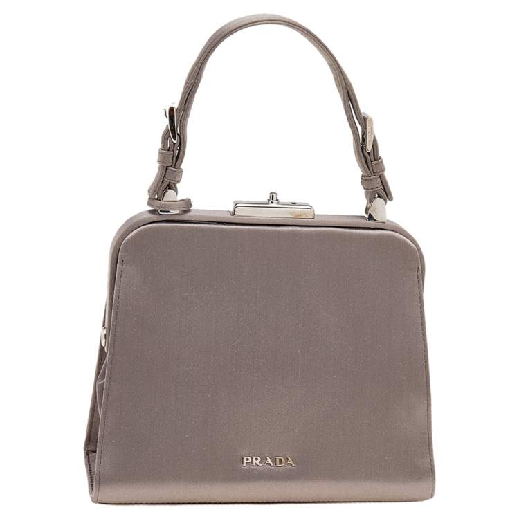 Pre Owned Prada Grey Satin Crystal Embellished Frame Top Handle Bag