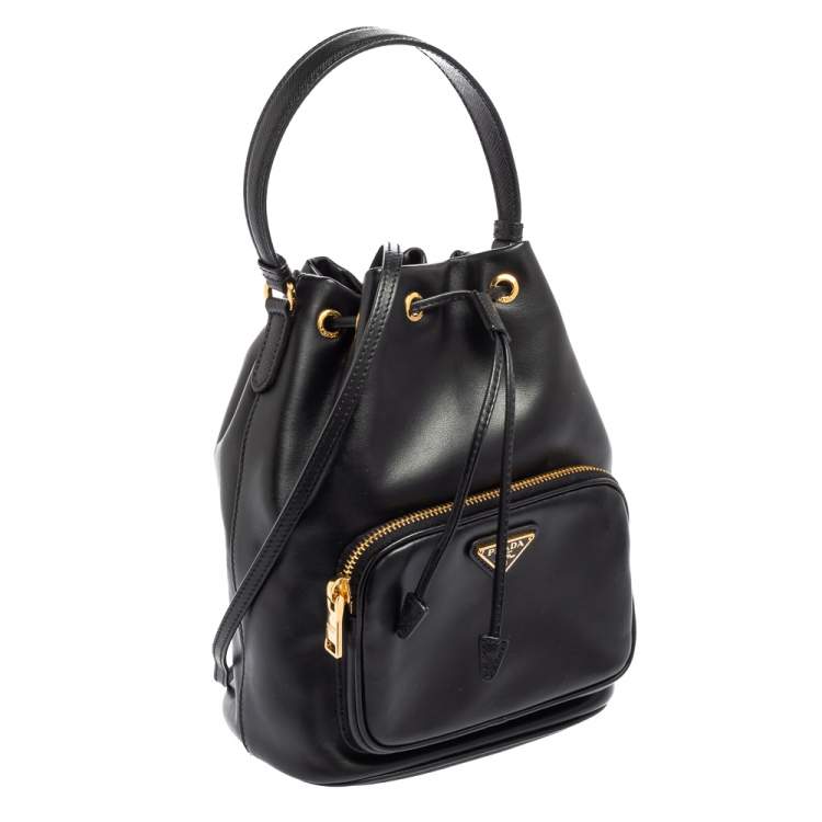 Pre Owned Prada Black Leather Duet Bucket Shoulder Bag 