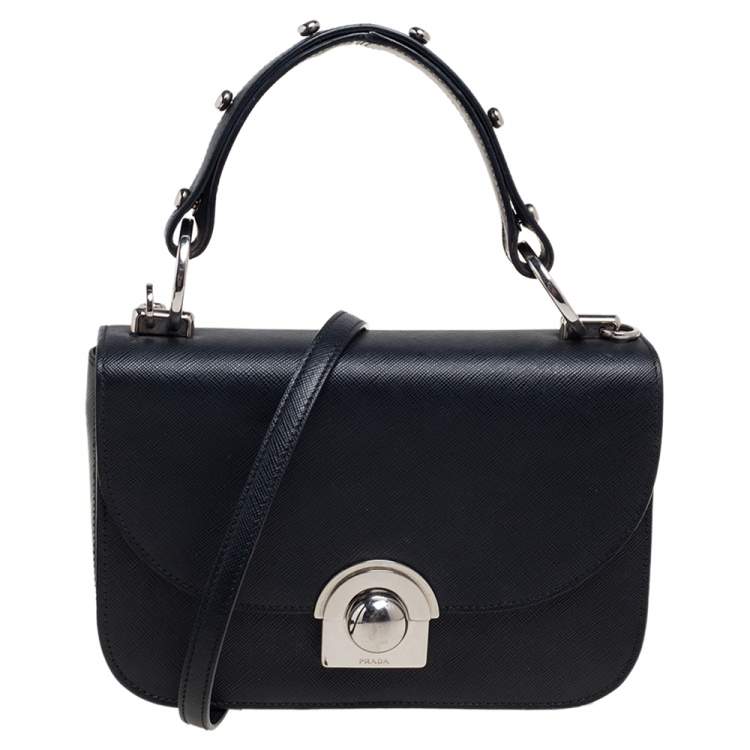 Pre Owned Prada Black Saffiano Leather Flap Top Handle Bag