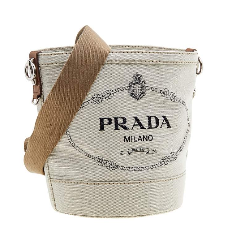 Pre Owned Prada Off White/Brown Canvas and Leather Small Logo Bucket Bag
