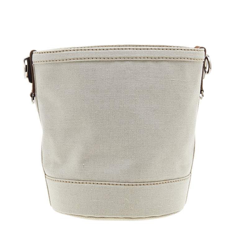Pre Owned Prada Off White/Brown Canvas and Leather Small Logo Bucket Bag