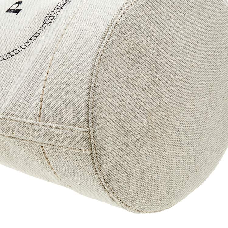 Pre Owned Prada Off White/Brown Canvas and Leather Small Logo Bucket Bag
