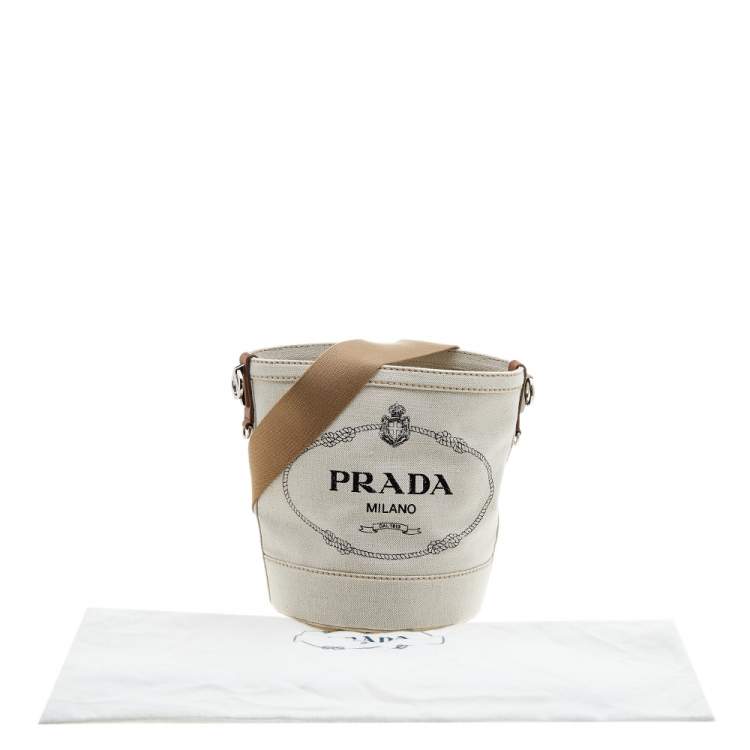 Pre Owned Prada Off White/Brown Canvas and Leather Small Logo Bucket Bag