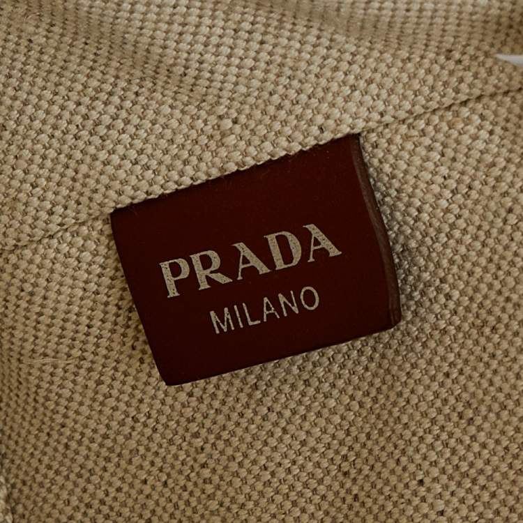 Pre Owned Prada Off White/Brown Canvas and Leather Small Logo Bucket Bag