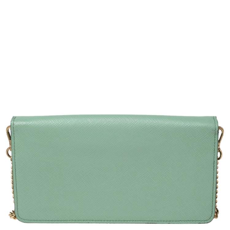 Pre Owned Prada Mint Green Saffiano Lux Leather Logo Flap Wallet on Chain