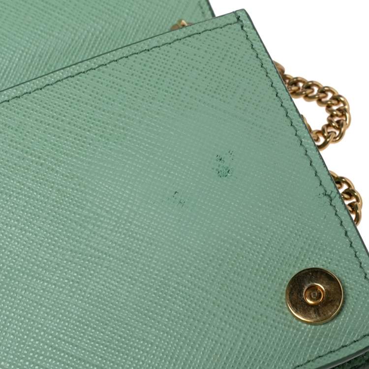 Pre Owned Prada Mint Green Saffiano Lux Leather Logo Flap Wallet on Chain