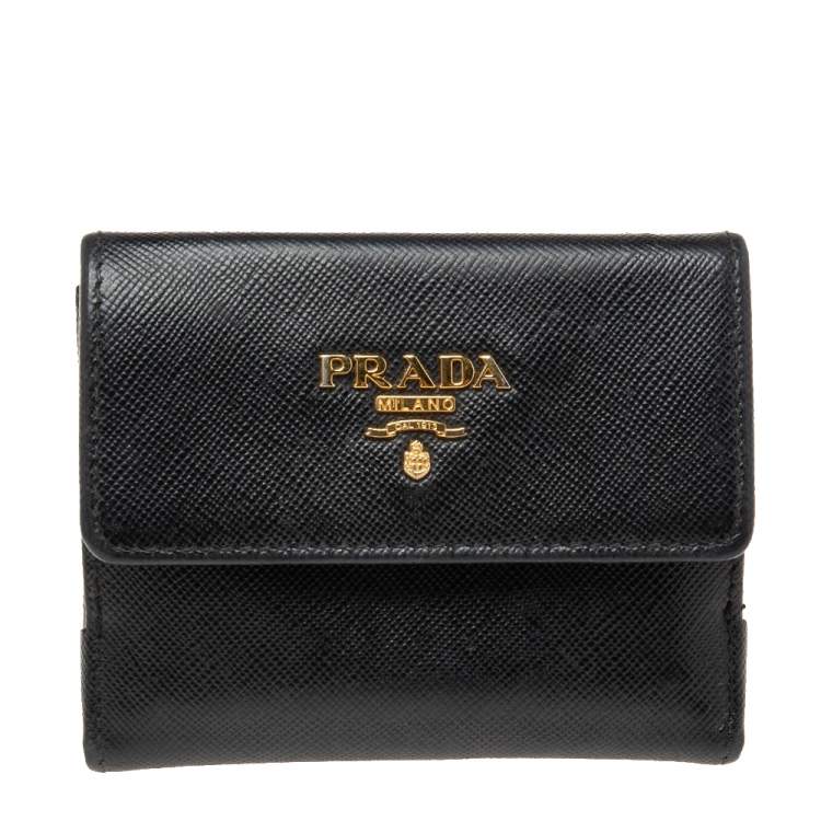 Prada Black Saffiano Lux Leather Metal Flap Wallet On Chain Prada