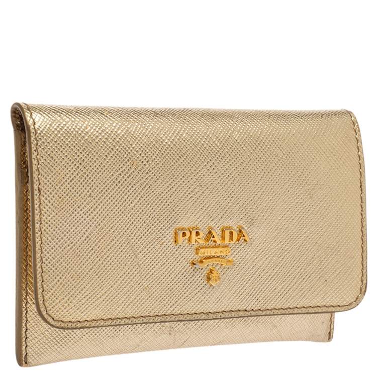 Pre Owned Prada Gold Saffiano Leather Card Case