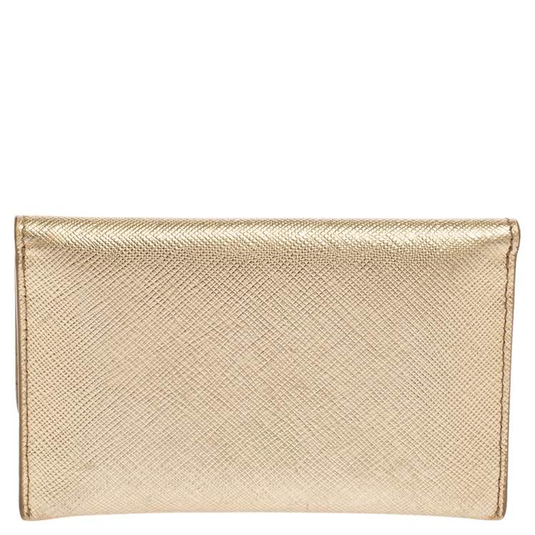 Pre Owned Prada Gold Saffiano Leather Card Case