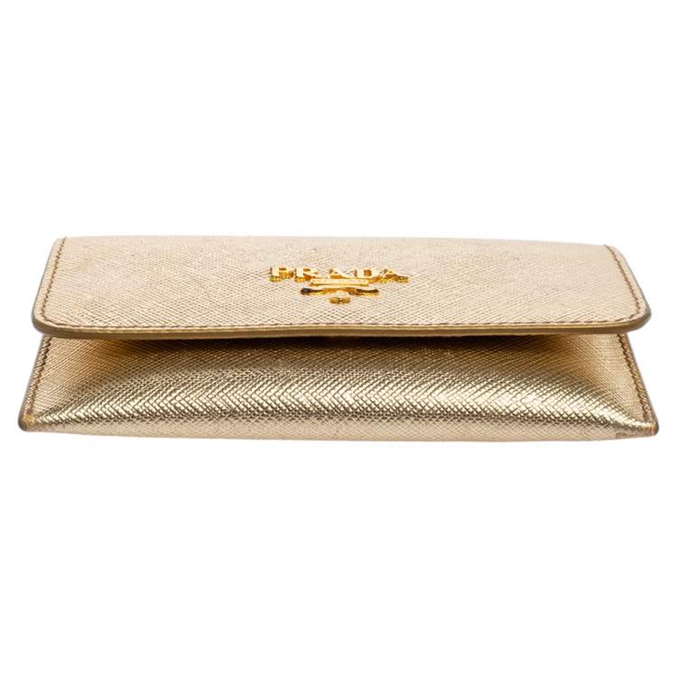 Pre Owned Prada Gold Saffiano Leather Card Case