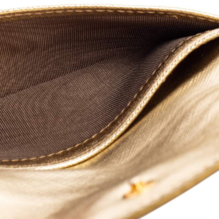 Pre Owned Prada Gold Saffiano Leather Card Case