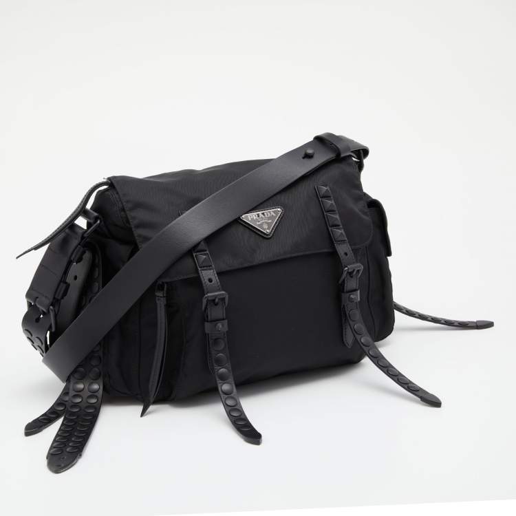 Pre Owned Prada Black Nylon Studded Messenger Bag