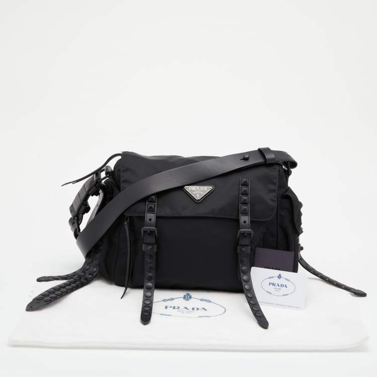Pre Owned Prada Black Nylon Studded Messenger Bag