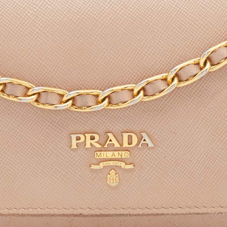 Pre Owned Prada Beige Saffiano Leather Wallet on Chain