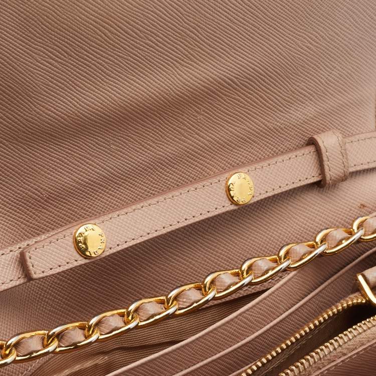 Pre Owned Prada Beige Saffiano Leather Wallet on Chain
