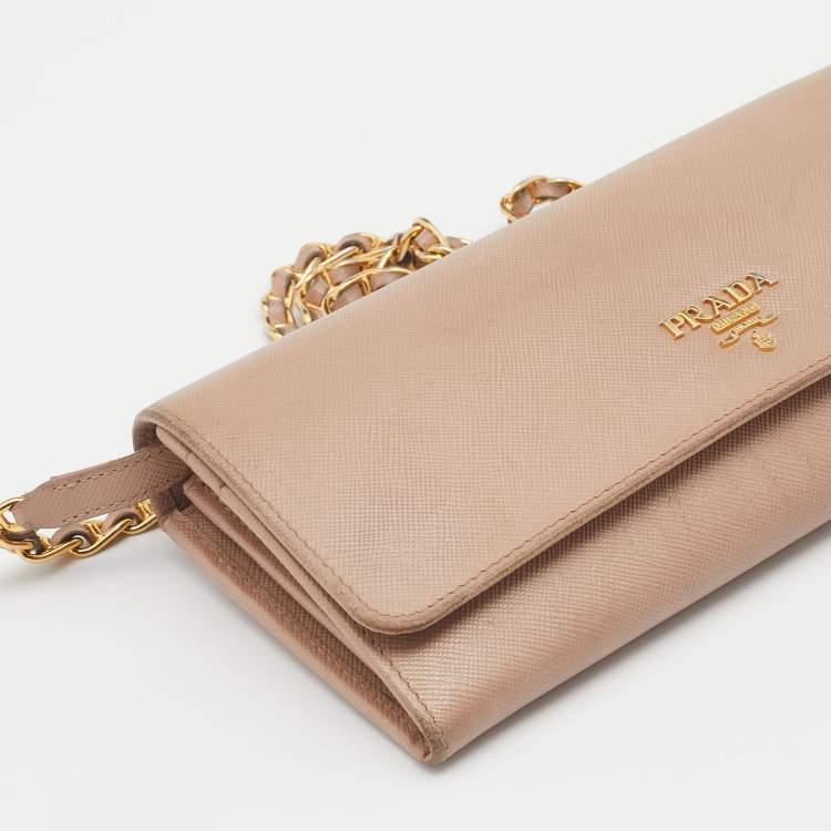 Pre Owned Prada Beige Saffiano Leather Wallet on Chain