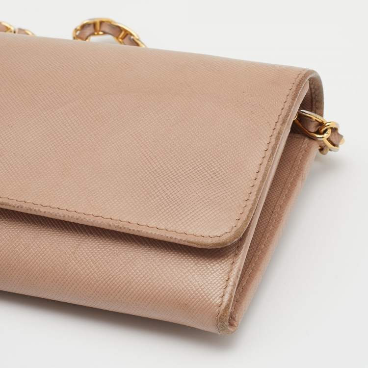 Pre Owned Prada Beige Saffiano Leather Wallet on Chain