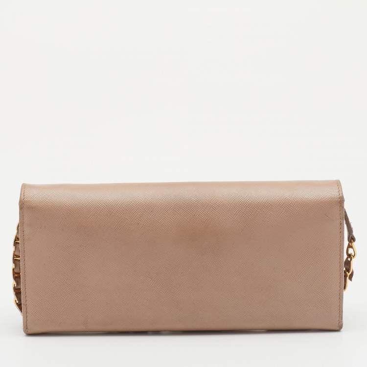 Pre Owned Prada Beige Saffiano Leather Wallet on Chain