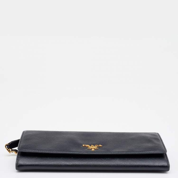 Pre Owned Prada Black Saffiano Lux Leather Wallet on Chain