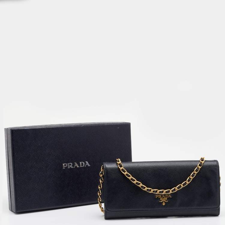 Pre Owned Prada Black Saffiano Lux Leather Wallet on Chain