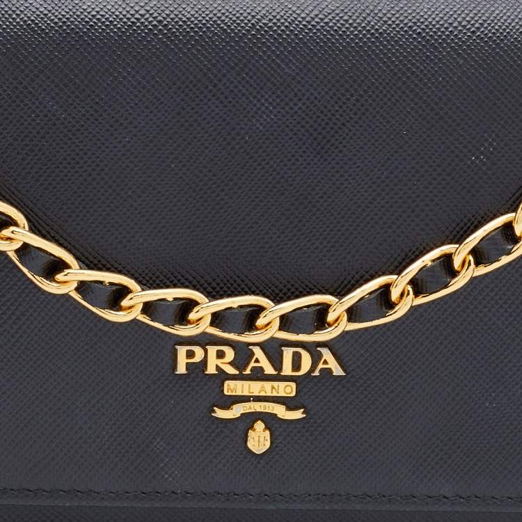 Pre Owned Prada Black Saffiano Lux Leather Wallet on Chain