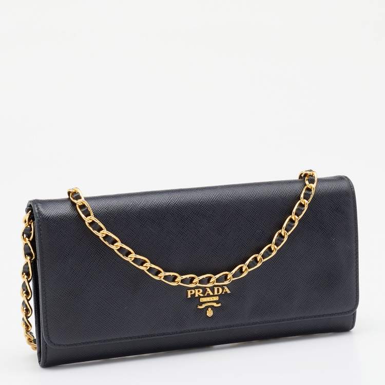 Pre Owned Prada Black Saffiano Lux Leather Wallet on Chain