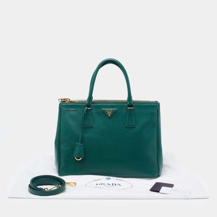 Pre Owned Prada Green Saffiano Lux Leather Medium Double Zip Tote