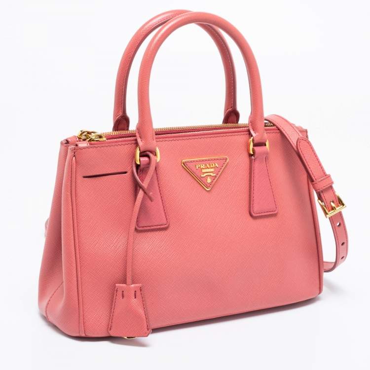 Pre Owned Prada Rose Pink Saffiano Leather Small Double Zip Tote