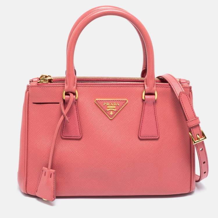 Pre Owned Prada Rose Pink Saffiano Leather Small Double Zip Tote