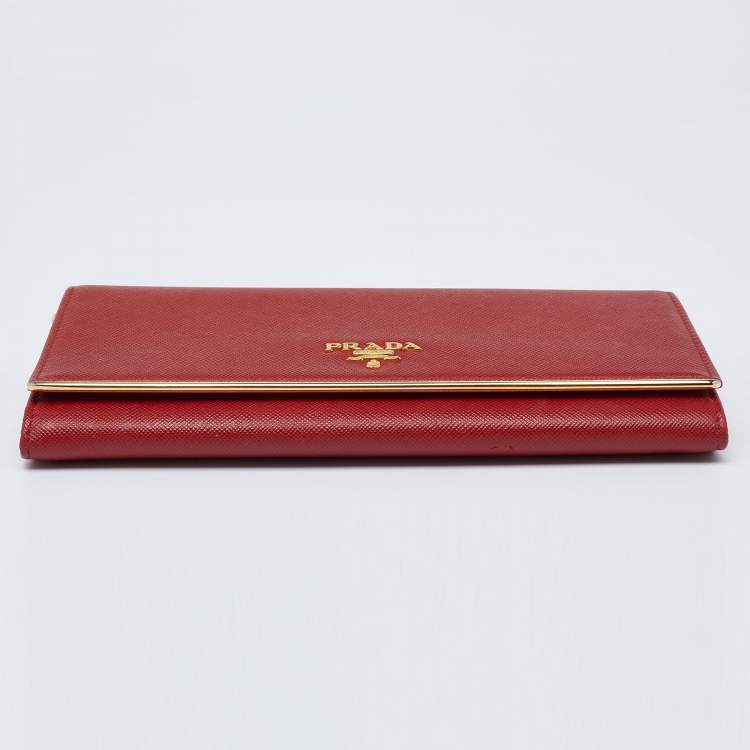 Pre Owned Prada Red Saffiano Metal Leather Flap Wallet on Chain