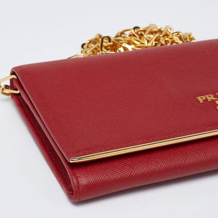 Pre Owned Prada Red Saffiano Metal Leather Flap Wallet on Chain