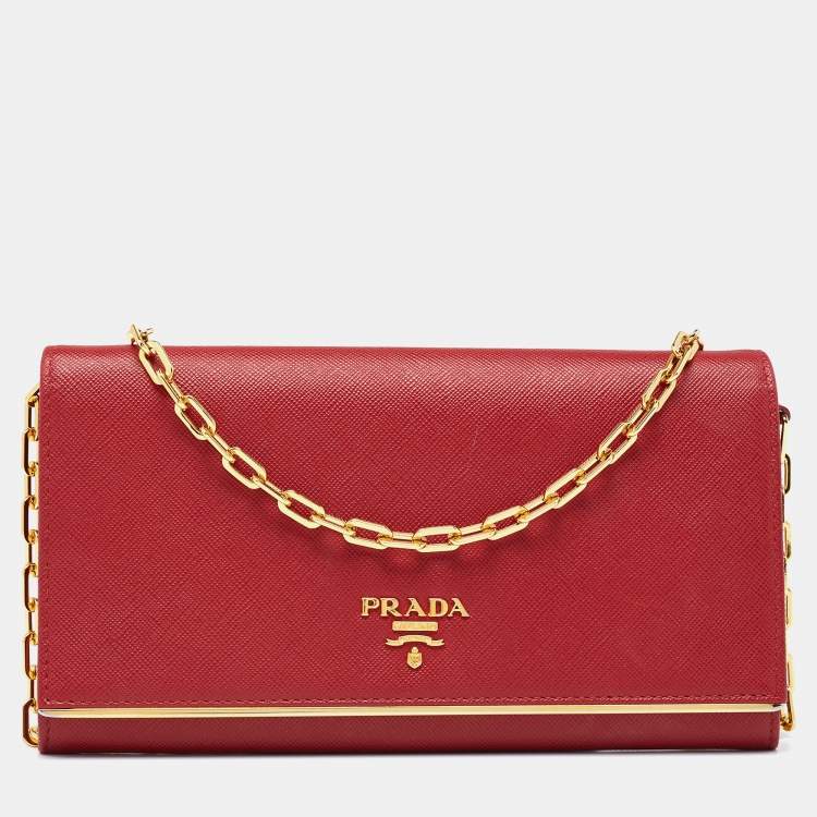 Pre Owned Prada Red Saffiano Metal Leather Flap Wallet on Chain