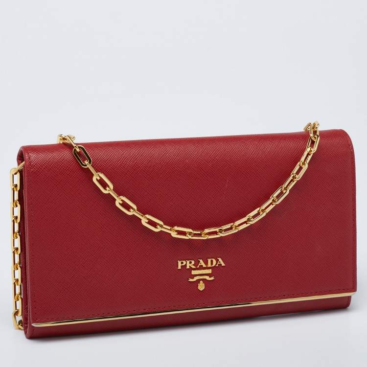 Pre Owned Prada Red Saffiano Metal Leather Flap Wallet on Chain