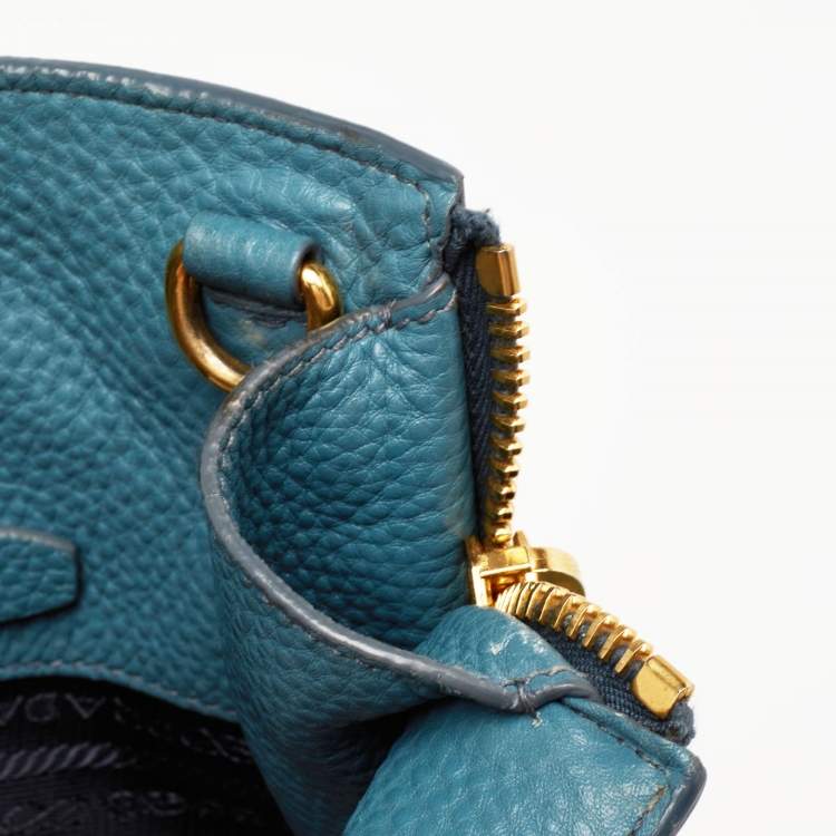 Pre Owned Prada Blue Vitello Daino Leather Side Zip Shopper Tote