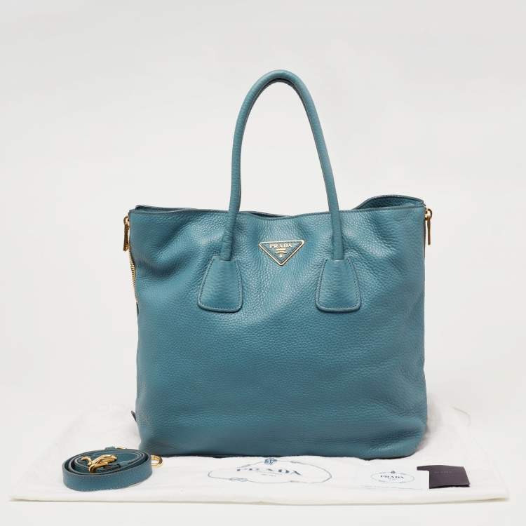 Pre Owned Prada Blue Vitello Daino Leather Side Zip Shopper Tote