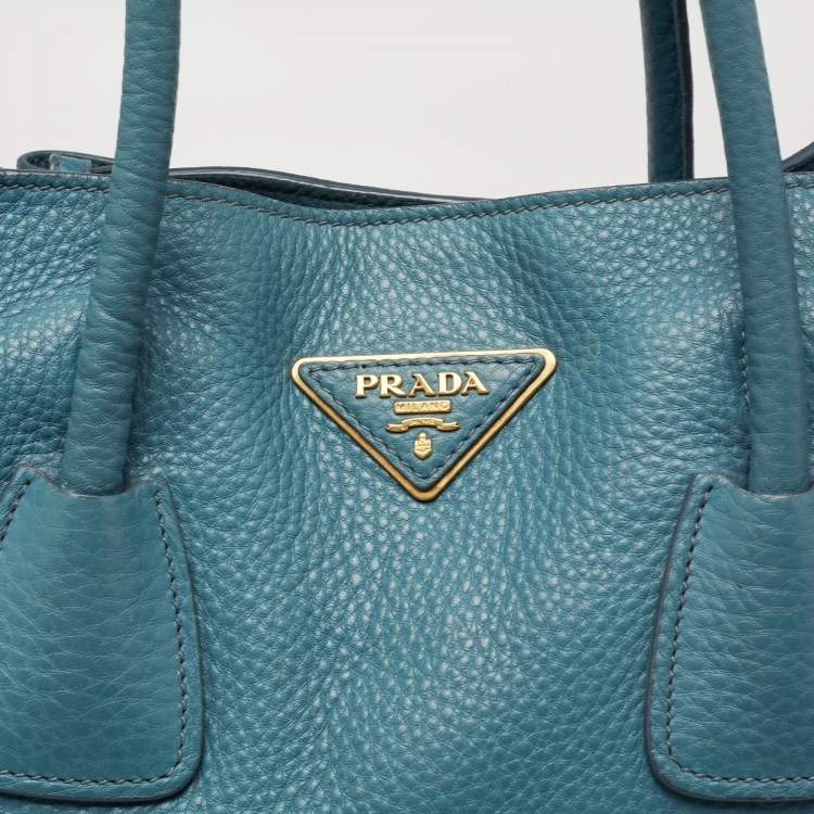Pre Owned Prada Blue Vitello Daino Leather Side Zip Shopper Tote