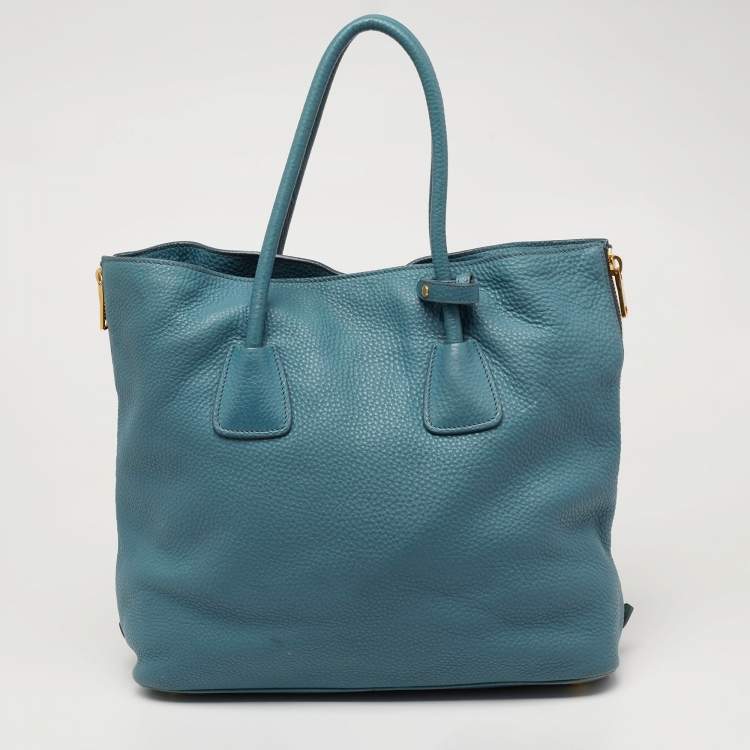Pre Owned Prada Blue Vitello Daino Leather Side Zip Shopper Tote