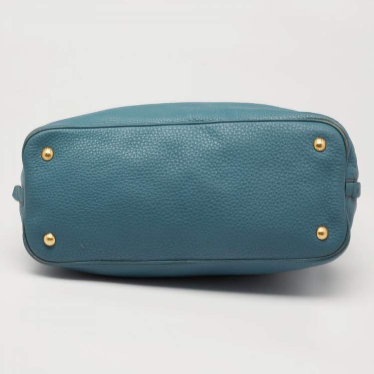 Pre Owned Prada Blue Vitello Daino Leather Side Zip Shopper Tote