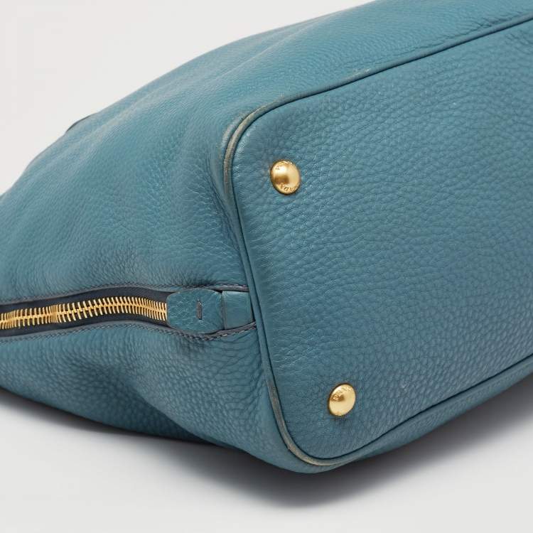 Pre Owned Prada Blue Vitello Daino Leather Side Zip Shopper Tote