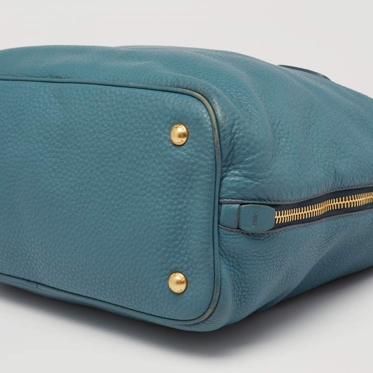 Pre Owned Prada Blue Vitello Daino Leather Side Zip Shopper Tote