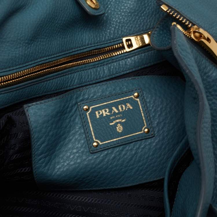 Pre Owned Prada Blue Vitello Daino Leather Side Zip Shopper Tote