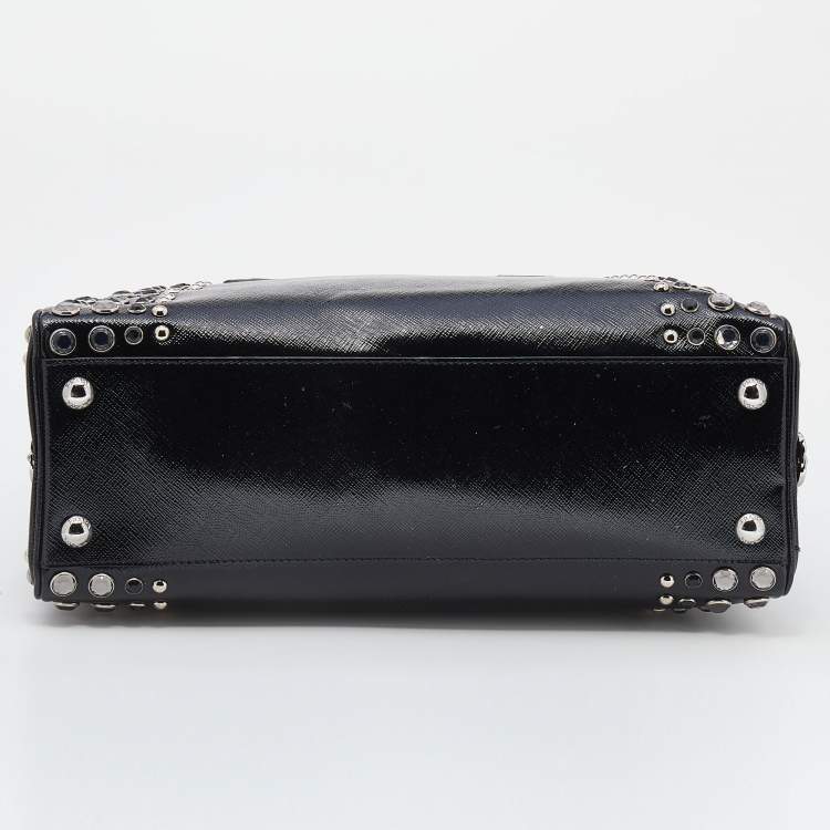 Prada Black Saffiano Lux Leather Studded Pyramid Frame Satchel