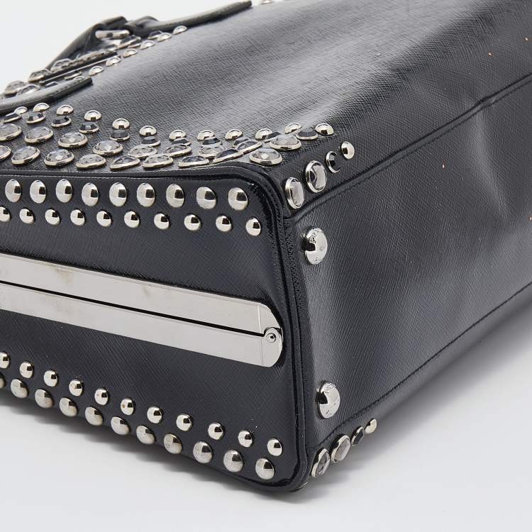 Prada Black Saffiano Lux Leather Studded Pyramid Frame Satchel