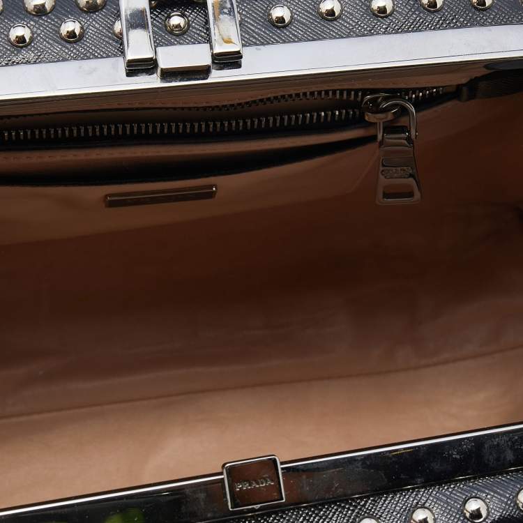 Prada Black Saffiano Lux Leather Studded Pyramid Frame Satchel