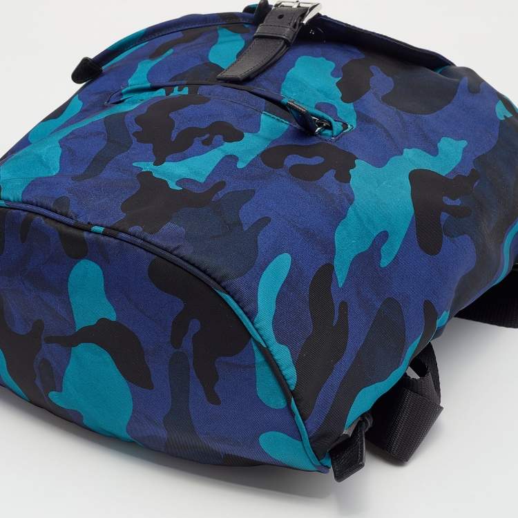 Pre Owned Prada Blue/Black Camouflage Printed Nylon And Leather Tessuto Backpack