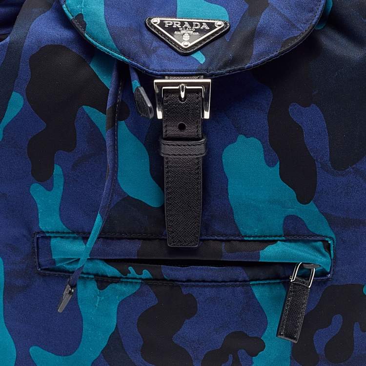 Pre Owned Prada Blue/Black Camouflage Printed Nylon And Leather Tessuto Backpack