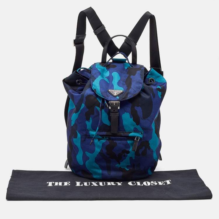 Pre Owned Prada Blue/Black Camouflage Printed Nylon And Leather Tessuto Backpack